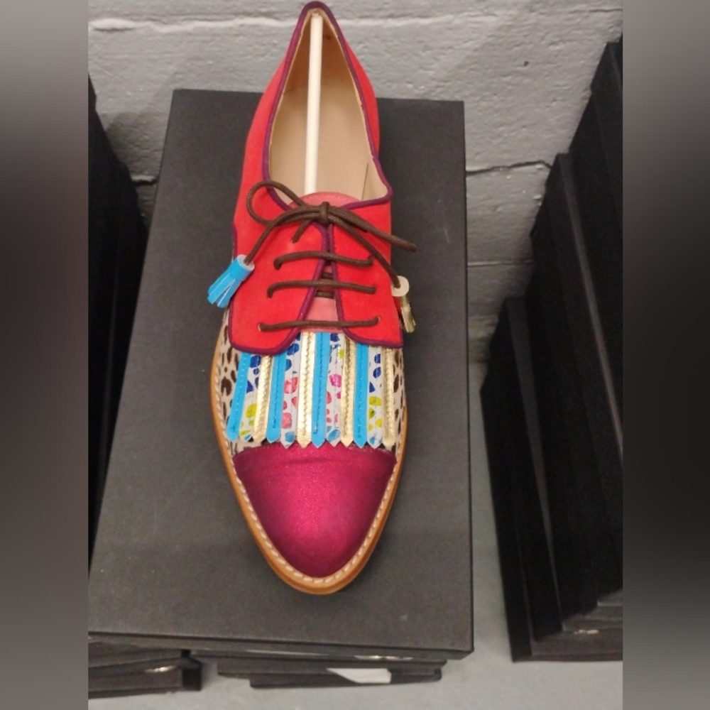 Green Multicolor Handmade Leather Suede Cow Print Oxford Fringe Shoes Size 6-8.5 - Picture 13 of 13